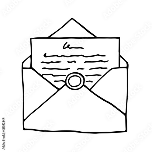 open envelope with handwritten letter and wax seal vector in doodle style. Sketch Wedding printing: wedding invitation, letter to a friend, calligraphy and scrapbooking