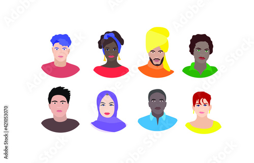 Portraits of multinational and multiracial people. Black men and women, Asians, Muslims, Indians. Avatars with different ethical and cultural people. Vector flat illustration