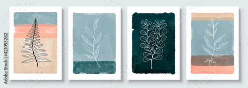 Minimalistic Watercolor Painting Artwork. Earth Tone Boho Foliage Line Art Drawing with Abstract Shape. Set of Creative Abstract Hand Painted Illustrations for Postcard, Social Media Banner