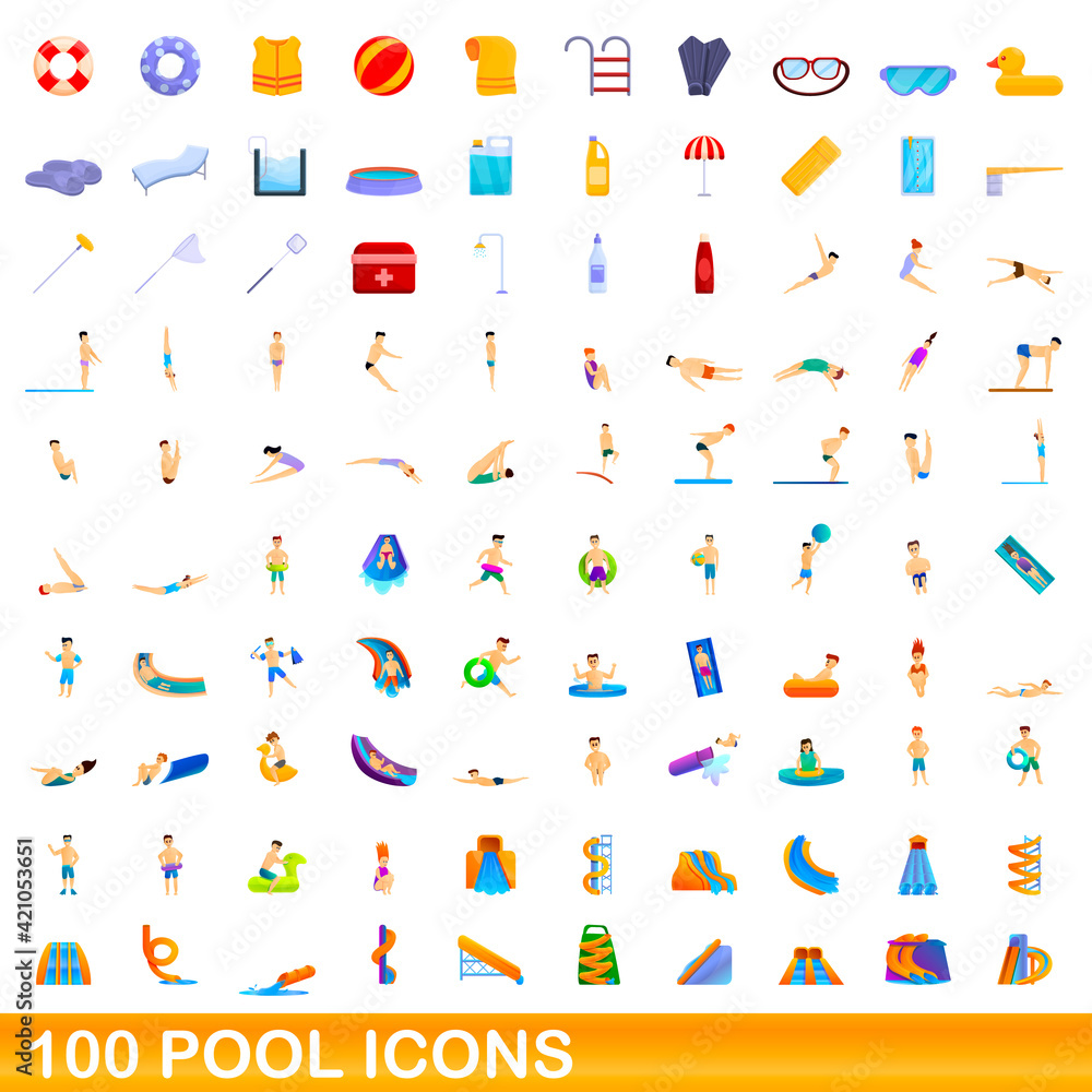 100 pool icons set. Cartoon illustration of 100 pool icons vector set isolated on white background 100 pool icons set. Cartoon illustration of 100 pool icons vector set isolated on white background