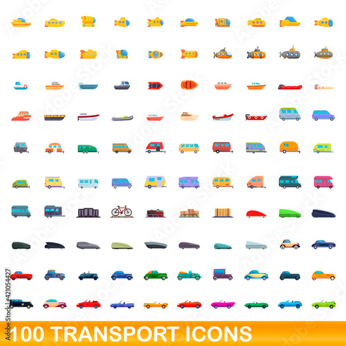 100 transport icons set. Cartoon illustration of 100 transport icons vector set isolated on white background