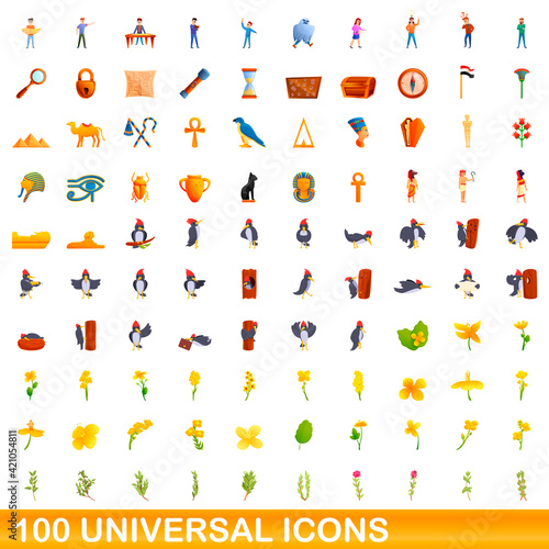 100 universal icons set. Cartoon illustration of 100 universal icons vector set isolated on white background