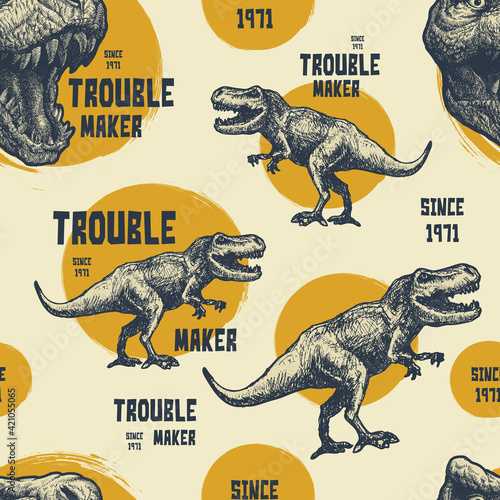 Vintage typography t-shirt graphics with trex. Vector seamless background.