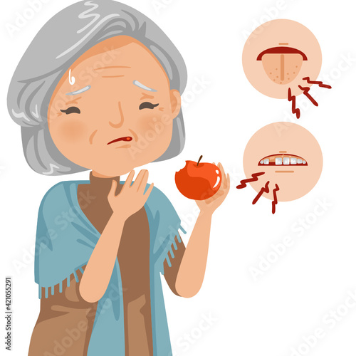 Elderly women anorexia. Old senior woman bored with food. Problems of tongue, mouth and dental health. Grandfather don't want to eat. Elderly bored eating.
