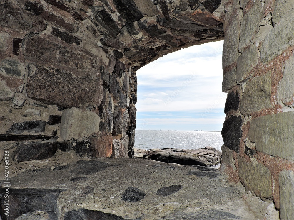 Window in old fortess with sea view