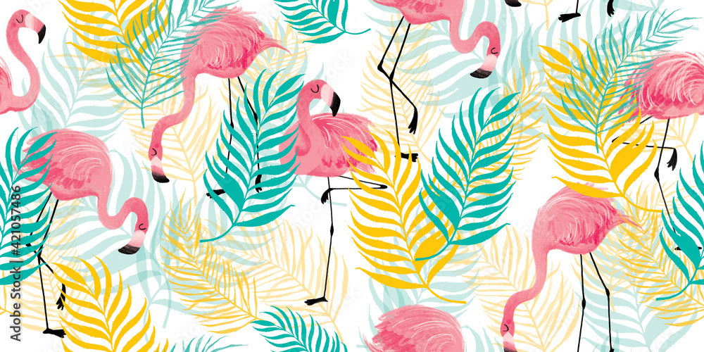 Seamless repeat pattern, tropical pink flamingos
