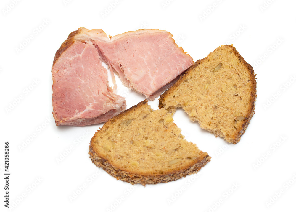 slice of bread with ham on a white background