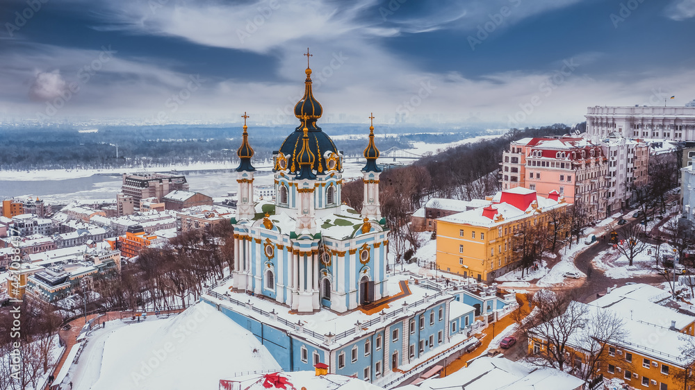 St. Andrews Church and Andriyivskyy Descent, in winter, Kyiv, Ukraine
