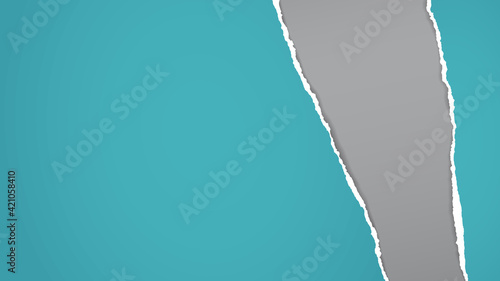 Torn, ripped turquoise paper strip with soft shadow are on dark grey background for text. Vector illustration