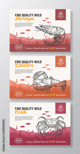 Fine Quality Organic Seafood. Abstract Vector Food Packaging Labels Set. Modern Typography and Hand Drawn Shrimp, Crab and Lobster Silhouettes. Sea Bottom Landscape Background Layout with Banner