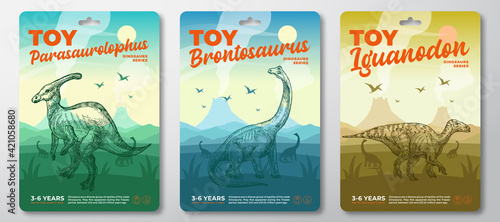 Toy Dinosaur Labels Template Set. Abstract Vector Packaging Design Layouts Collection. Modern Typography with Prehistoric Volcano Landscape and Hand Drawn Dinosaurus Sketch Background. Isolated