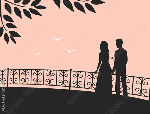 Silhouette of a couple in love on the background of the evening sky. A man gives a girl a flower. Vector romantic illustration