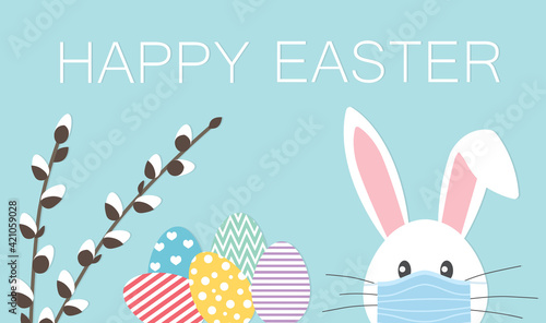 .pussy willows, colorful eggs and bunny with face mask, celebration easter during coronavirus pandemic, protective measures- vector illustration