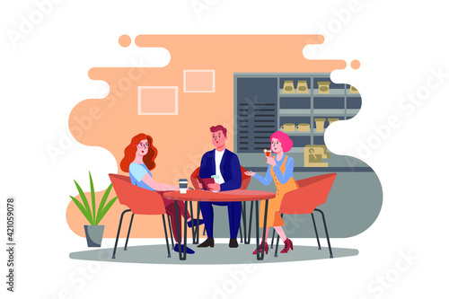 People sitting in a coffee shop. Cafe with friends on tables