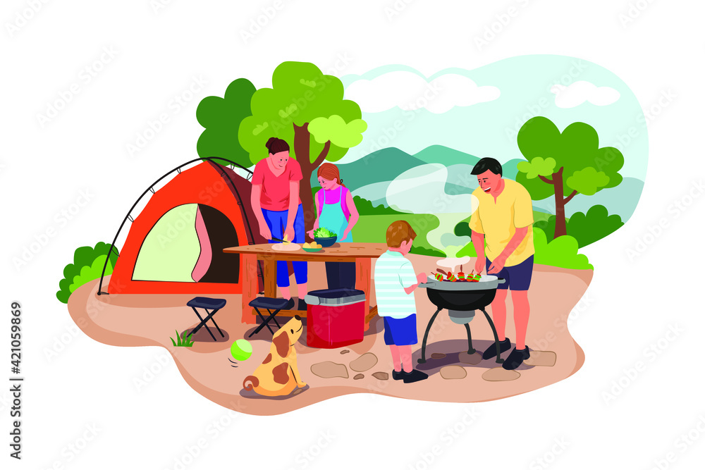 Fototapeta premium Happy family at a picnic is preparing a barbecue grill outdoors