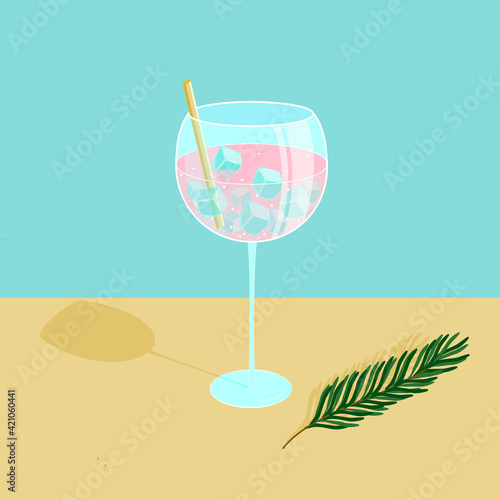 Gin and tonic. Cocktail with straw. Vector illustration.