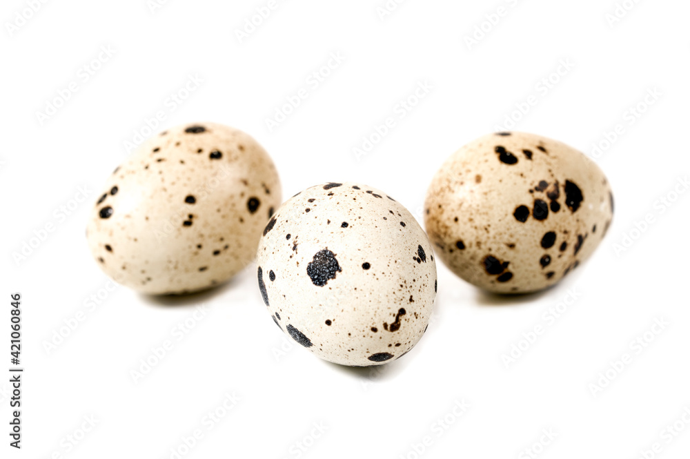 three quail eggs on a white background three quail eggs on a white background