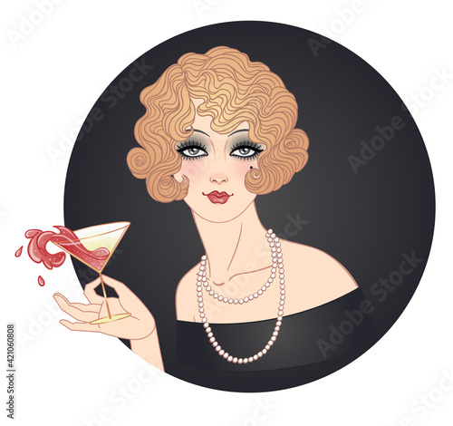 Flapper girl holding cocktail glass with splash. Art deco, 1920 s style vintage invitation template design for drink list, bar menu, glamour event, wedding, jazz party flyer. Vector art.