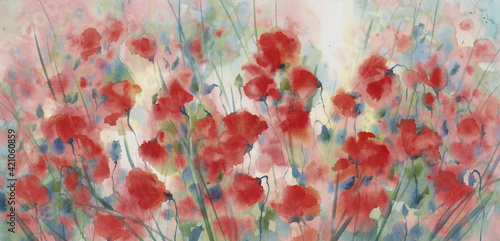 Red poppy field with a grass watercolor background