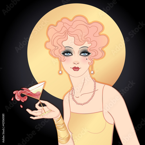 Flapper girl holding cocktail glass with splash. Art deco, 1920 s style vintage invitation template design for drink list, bar menu, glamour event, wedding, jazz party flyer. Vector art.