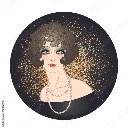 Art Deco vintage invitation template design with illustration of flapper girl. Retro party character in 1920 s style. Vector for glamour event, thematic wedding or jazz party.