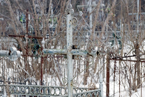 Wallpaper Mural one old iron cross stands on a grave among dry vegetation in white snow in a winter cemetery Torontodigital.ca