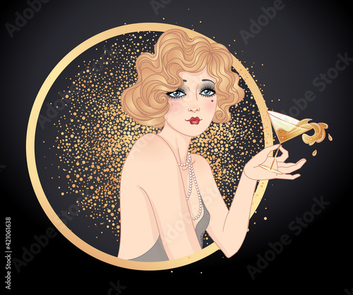 Flapper girl holding cocktail glass with splash. Art deco, 1920 s style vintage invitation template design for drink list, bar menu, glamour event, wedding, jazz party flyer. Vector art.