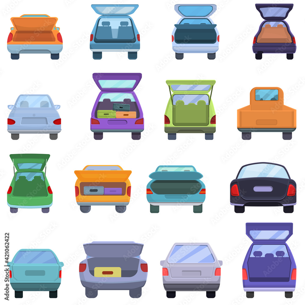 Trunk car icons set. Cartoon set of trunk car vector icons for web design Trunk car icons set. Cartoon set of trunk car vector icons for web design
