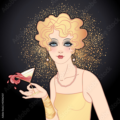 Flapper girl holding cocktail glass with splash. Art deco, 1920 s style vintage invitation template design for drink list, bar menu, glamour event, wedding, jazz party flyer. Vector art.