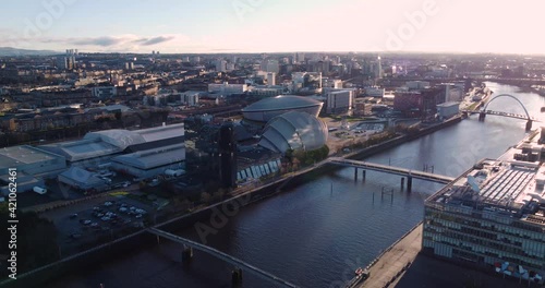 Glasgow drone aerial sunrise view over the river Clyde