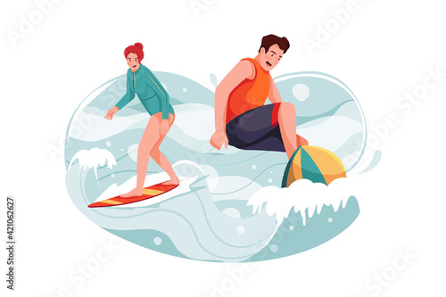 Adult Man and Woman Riding Waves on Surfboard