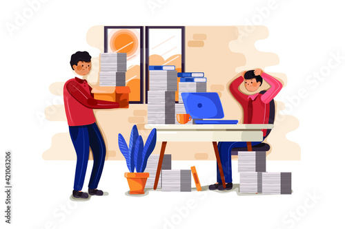 Hard work man illustration. Young clerk weary or exhaust with paper documents, office worker with a load of files, employee in mess and distress.