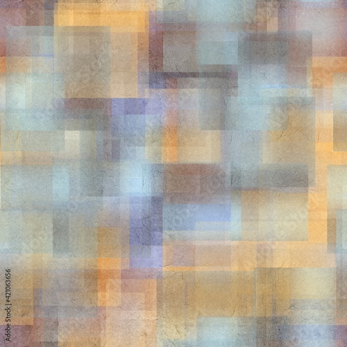 Seamless overlaid geometric shape pattern print. High quality illustration. Transparent rectangles filled with gradient colors scattered. Handmade paper texture overlay.