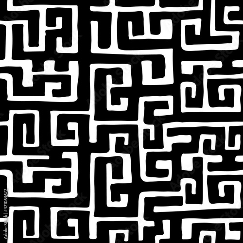 African hand drawn ethnic style vector seamless pattern. Kuba geometric textile swatch. Trendy boho tribal tile.