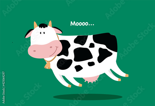 Cute drawing of a cow. On a green background Child's drawing of an animal. Illustration for children. I love milk. Cartoon drawing. Cheers happily. Bell on the neck.