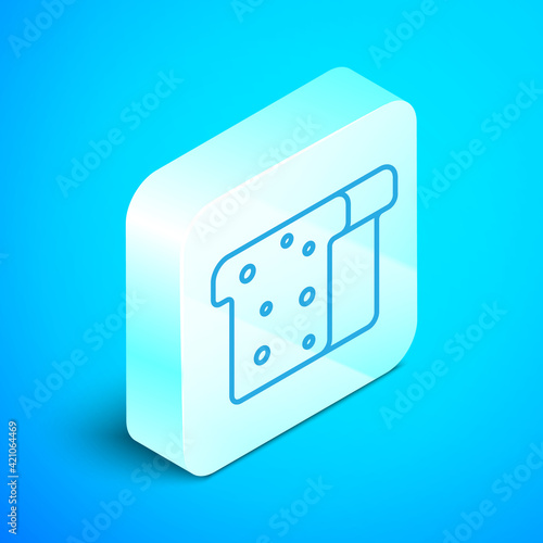 Isometric line Bread toast for sandwich piece of roasted crouton icon isolated on blue background. Lunch, dinner, breakfast snack. Silver square button. Vector