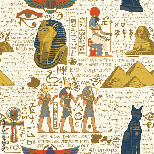Seamless pattern on an Ancient Egypt theme with color images of Egyptian gods and handwritten text lorem ipsum. Vector abstract background in retro style. Wallpaper, wrapping paper, fabric