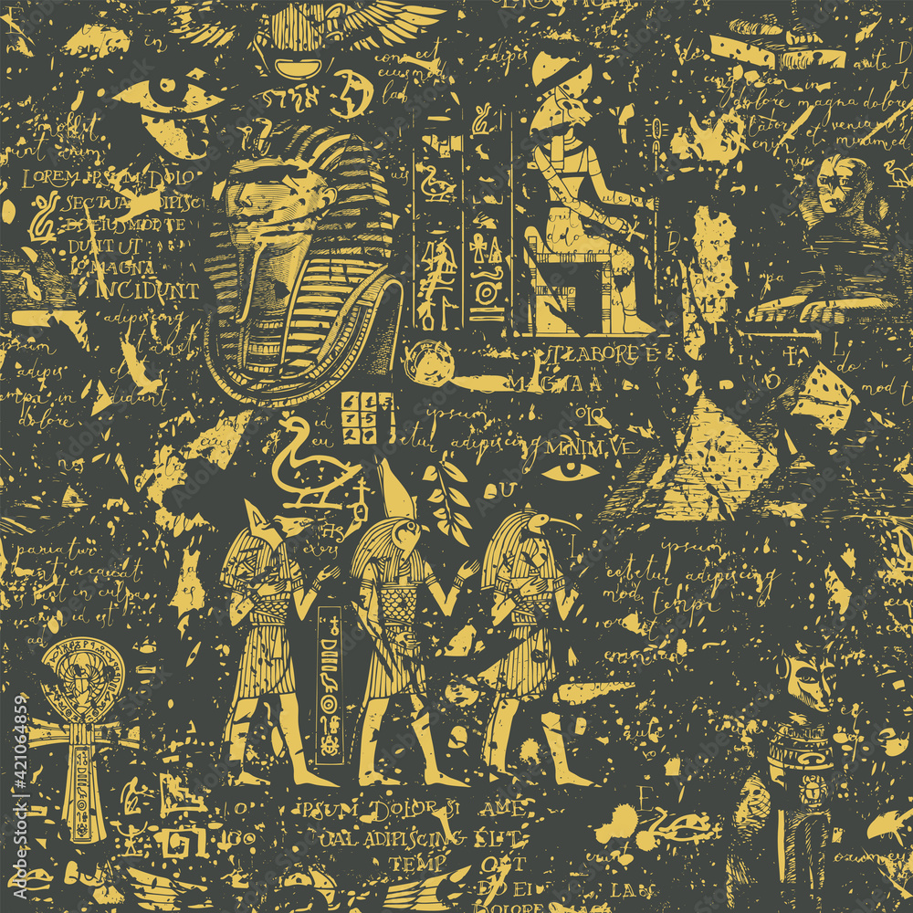 Abstract seamless pattern on an Ancient Egypt theme in grunge style. Vector  repeating background with Egyptian gods and handwritten text lorem ipsum on  dark backdrop. Wallpaper, wrapping paper, fabric Stock Vector |