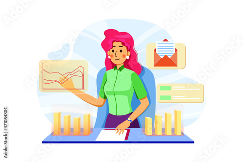 Business lady analyzing financial income with desk chart