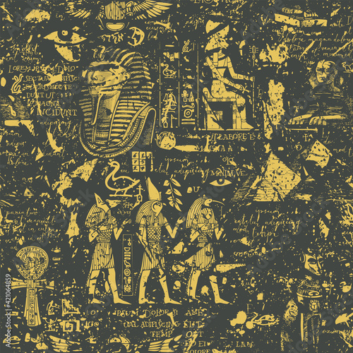 Abstract seamless pattern on an Ancient Egypt theme in grunge style. Vector repeating background with Egyptian gods and handwritten text lorem ipsum on dark backdrop. Wallpaper, wrapping paper, fabric