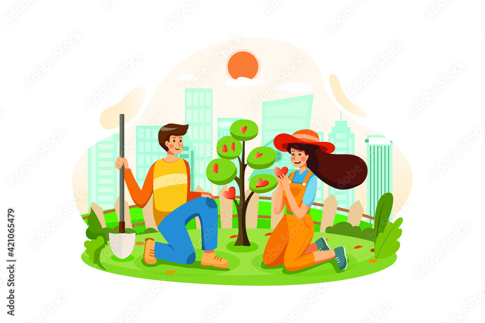 A couple growing the tree of love together in the garden A couple growing the tree of love together in the garden