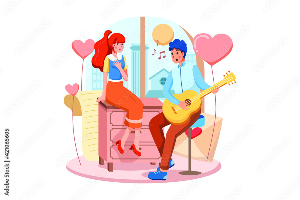 The boy playing guitar and singing a love song to his beautiful girlfriend on valentine day The boy playing guitar and singing a love song to his beautiful girlfriend on valentine day