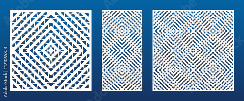 Decorative panels for laser cutting. Cutout silhouette with abstract geometric pattern, wavy lines, concentric grid, lattice, mesh. Laser cut stencil for wood, metal, plastic. Aspect ratio 1:2, 1:1