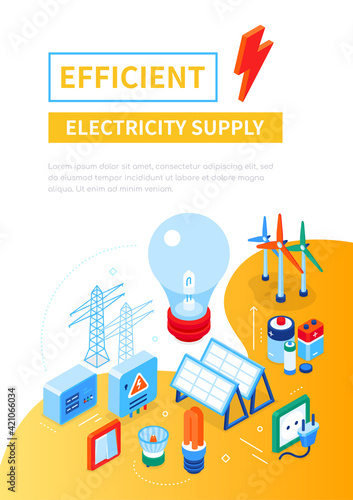 Efficient electricity supply - modern colorful isometric web banner