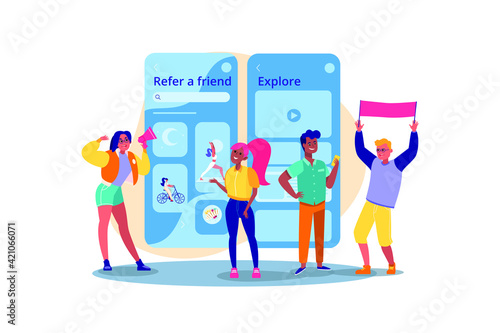 Refer a friend concept. A group of young active people with flag shouting in loud speaker.
