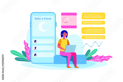 A sitting girl with referral marketing scheme or infographics. 
