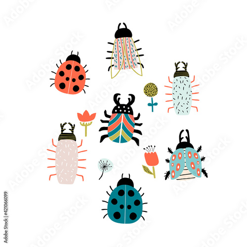 Set of creative hand drawn bugs. Colorful insects print for nursery,apparel,cards. Vector Illustration