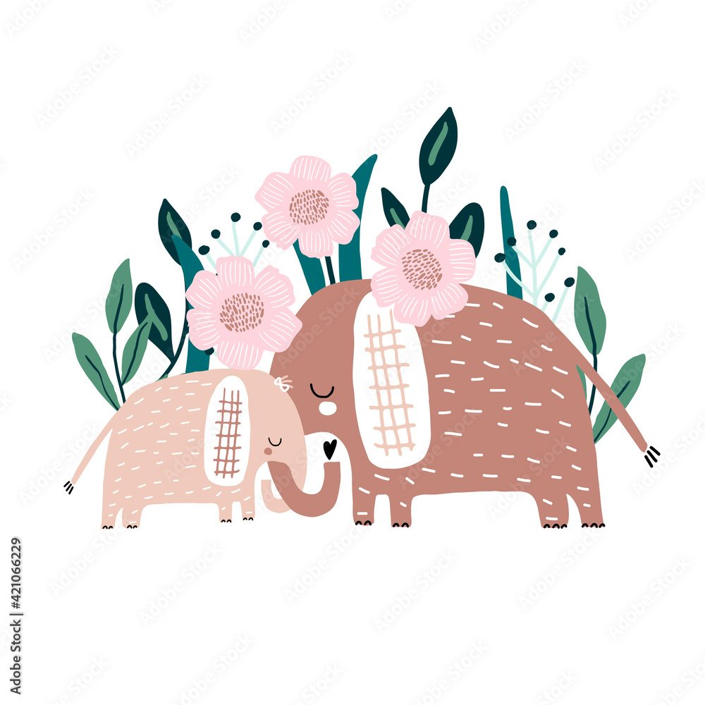 Cute hand drawn elephanst Mom and baby with floral bacground. Cartoon ...