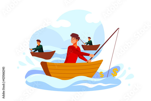 Businessman fishing dollar sitting in boat