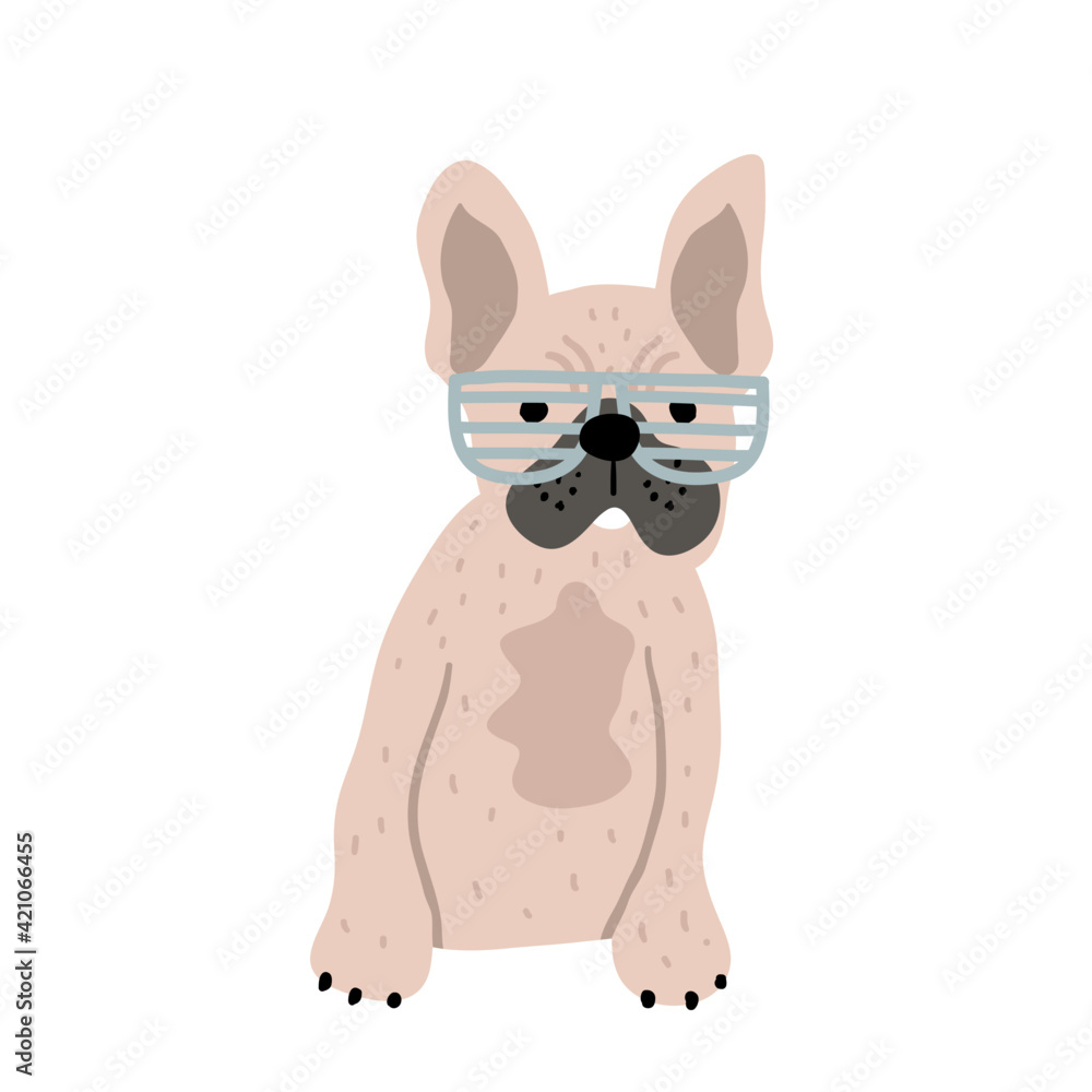 Obraz premium Funny french bulldog in glasses print. Perfect for t-shirt, apparel, cards, poster, nursery decoration. Vector Illustration